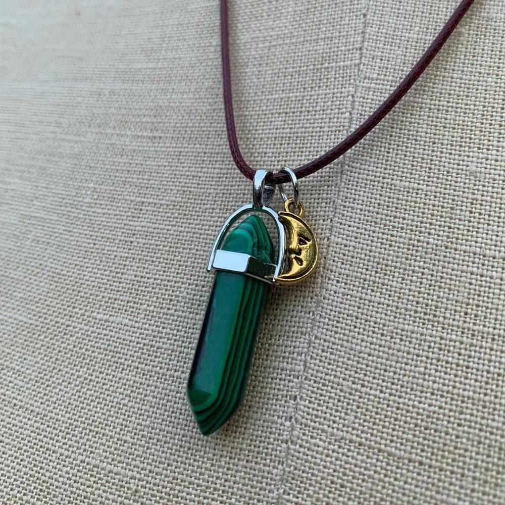 Handmade Malachite Dagger Tower Amulet with Moon Charm_11